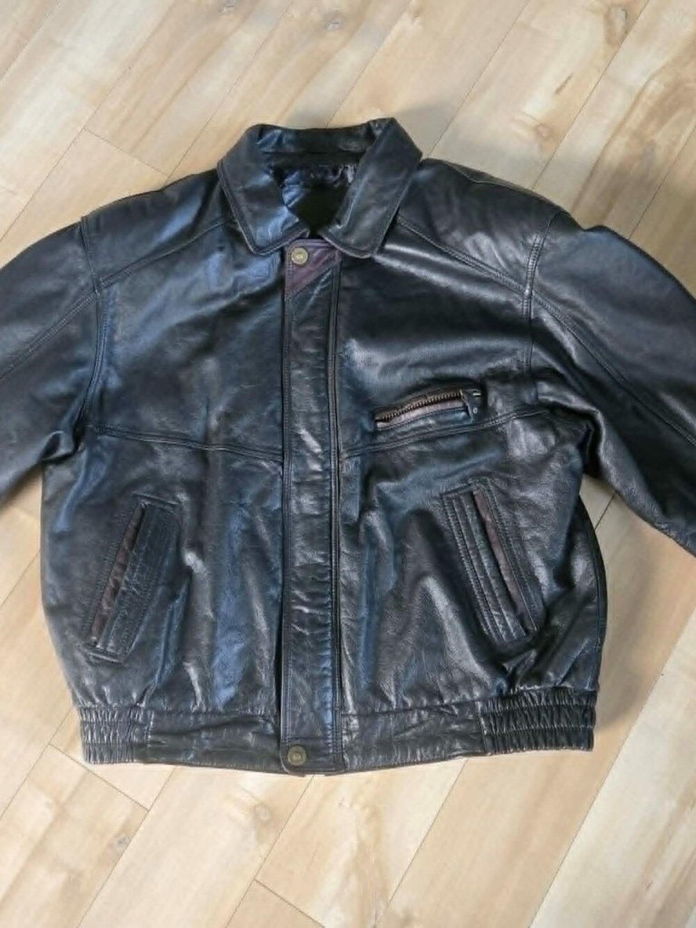 90s Cricketeer Leather Bomber Jacket Mens Boxy Fit Vintage Brown Abstract Lining